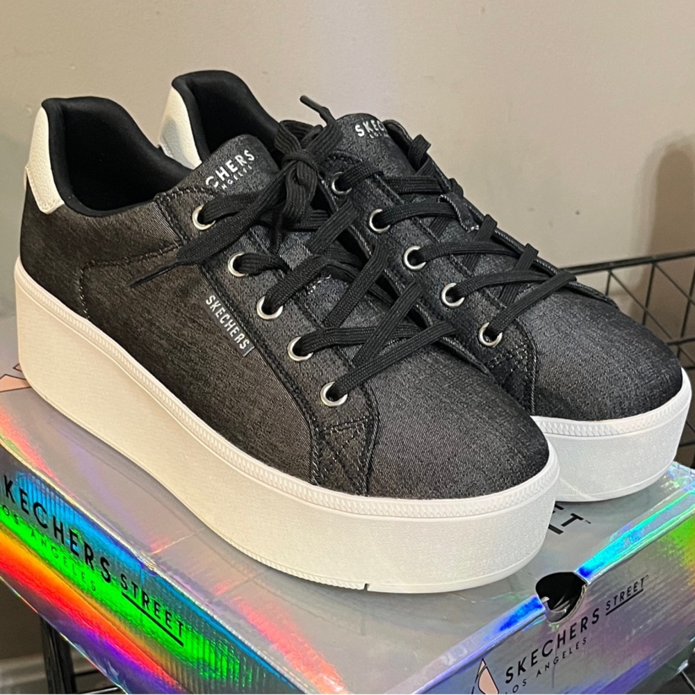 Skechers Views Black and White Platform Sneakers Women's Shoes 9